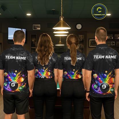 Personalized Rainbow Splatter 8 Ball Pool Polo Shirts For Men, Custom Grunge Billiard Team Apparel NYN3294