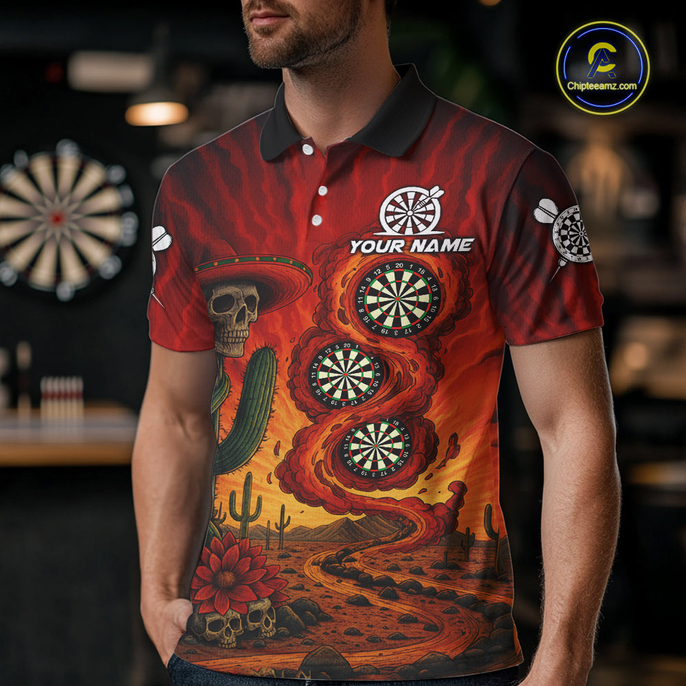Custom Cactus Sombrero Skull Smoke Flames Dartboard Men Polo Dart Shirt Dart Gifts NYN2030
