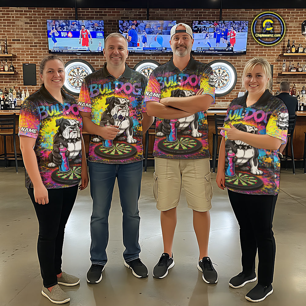 Custom Funny Bulldog Colorful Paint Men Darts Quarter-Zip League Shirts Splash Dart Team Jerseys NYN2253