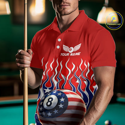 Custom Fire Flame US Flag Pool 8 Ball Men's Billiard Shirt Patriotic Billiard Team Attire NYN2545