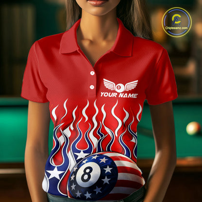 Custom Fire Flame US Flag Pool 8 Ball Women's Billiard Shirt Patriotic Billiard Team Attire NYN2545