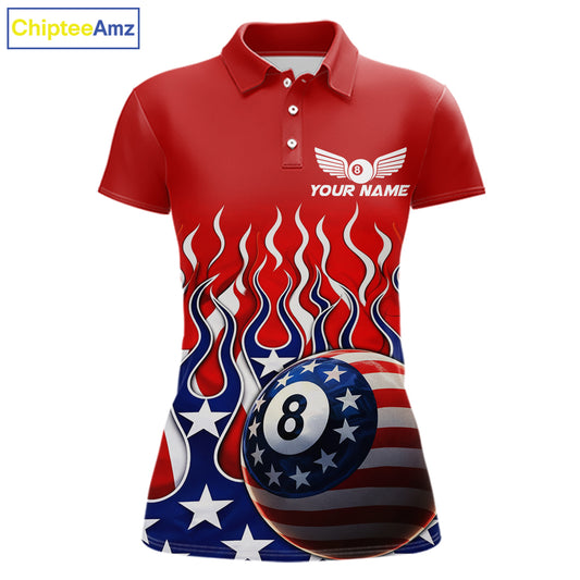 Custom Fire Flame US Flag Pool 8 Ball Women's Billiard Shirt Patriotic Billiard Team Attire NYN2545