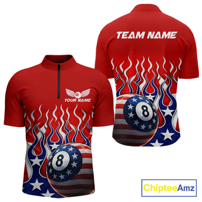 Custom Fire Flame US Flag Pool 8 Ball Men's Billiard Shirt Patriotic Billiard Team Attire NYN2545