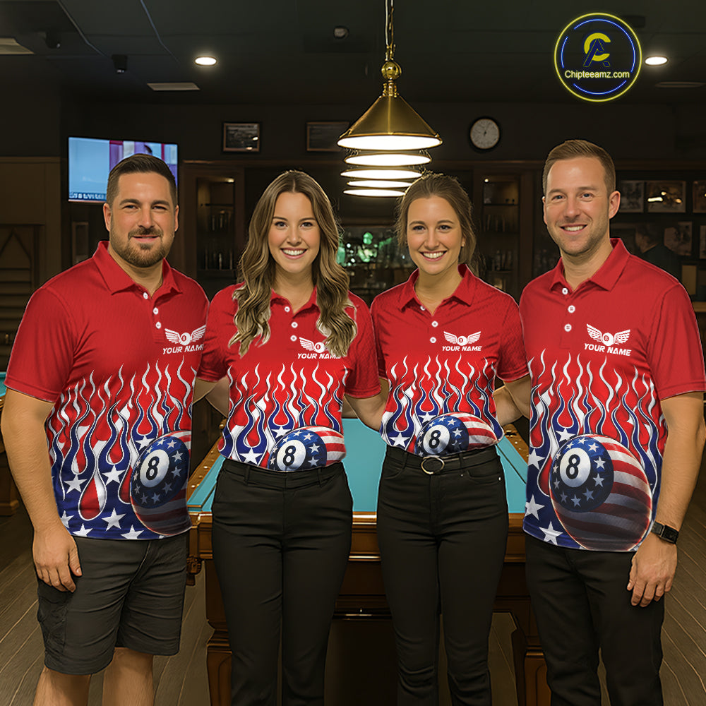 Custom Fire Flame US Flag Pool 8 Ball Women's Billiard Shirt Patriotic Billiard Team Attire NYN2545