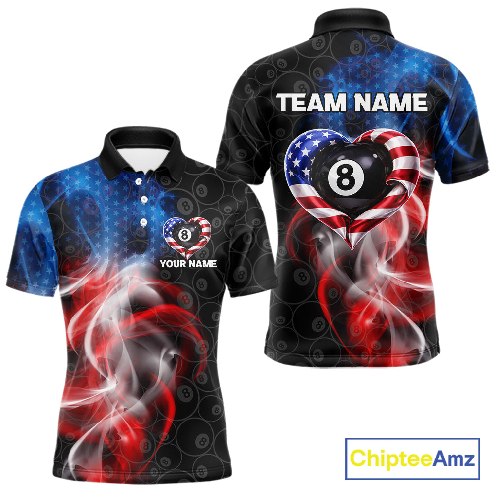 Heart US Flag Pool 8 Ball Men's Billiard Shirt Custom Couple Patriotic Billiard Attire NYN2549