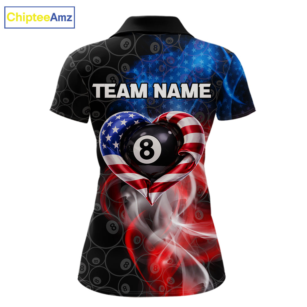 Heart US Flag Pool 8 Ball Women's Billiard Shirt Custom Couple Patriotic Billiard Attire NYN2549