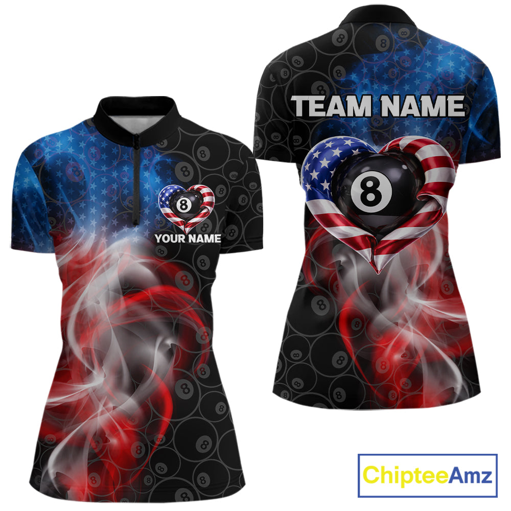 Heart US Flag Pool 8 Ball Women's Billiard Shirt Custom Couple Patriotic Billiard Attire NYN2549