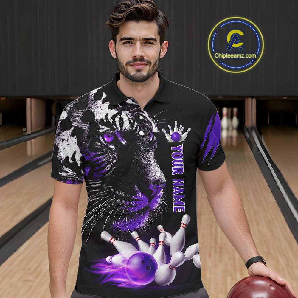Personalized Horror Tiger Bowling Shirts For Men Purple Flaming Tiger Team Bowling Jerseys NYN3131