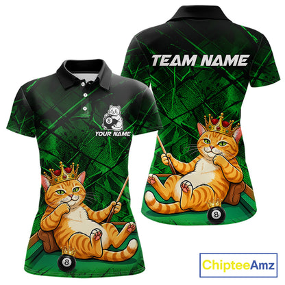 Funny cat crown 8 ball billiard polo shirt for women green grunge pool jersey