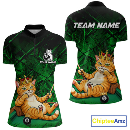 Funny cat crown 8 ball billiard 1/4-zip shirt for women green grunge pool jersey