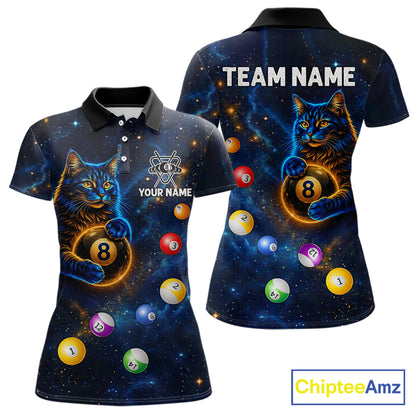 Funny Cat Galaxy Custom 8 Ball Billiard Polo & 1/4-Zip Shirt For Women Blue Billiard Team Jersey NYN3132