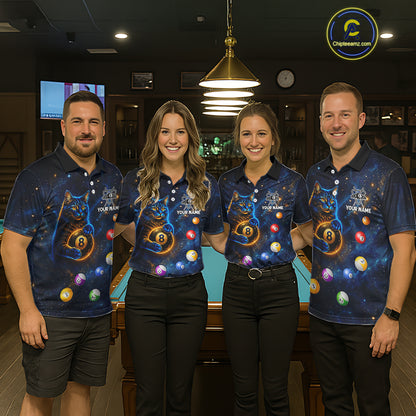 Funny Cat Galaxy Custom 8 Ball Billiard Polo & 1/4-Zip Shirt For Women Blue Billiard Team Jersey NYN3132