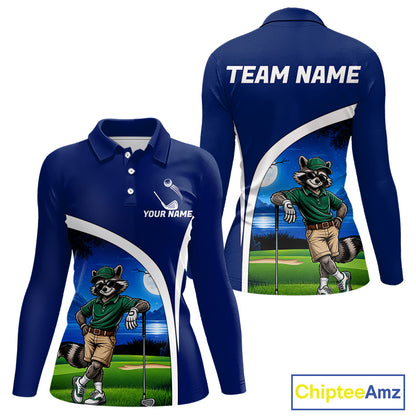 Blue polo shirt with raccoon graphic and customizable text on a white background