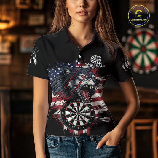 Wolf US Flag Grunge Darts Polo Shirt For Women Custom Name & Team Patriotic Dart League Shirt NYN2052