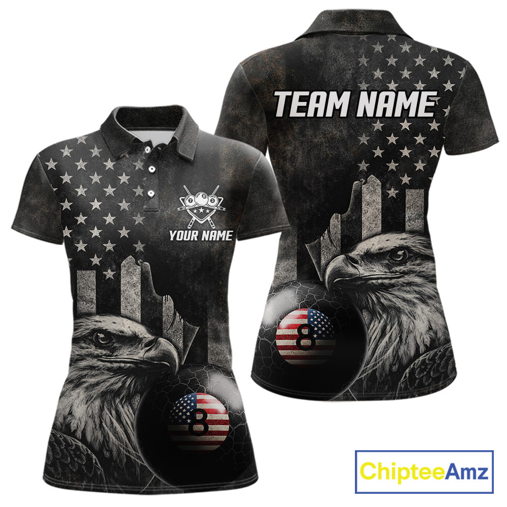 Retro Grunge US Flag Eagle Pool 8 Ball Women's Billiard Shirt Custom Patriotic Billiard Team Attire NYN2564