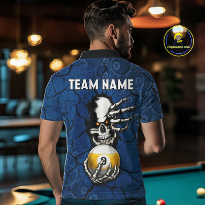 Cracked Blue Skeleton 8 Ball & 9 Ball Billiard Shirt For Men Custom Pool Billiard Polo & 1/4 Zip Jersey NYN3144