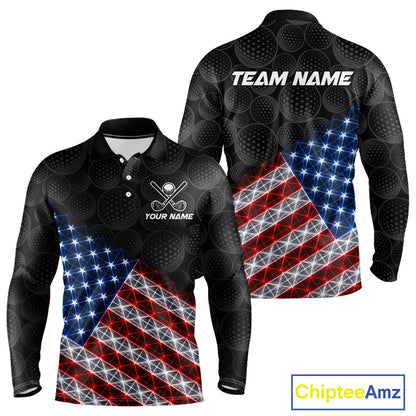 Lightning American flag golf polo long sleeve shirt for men black golf ball design