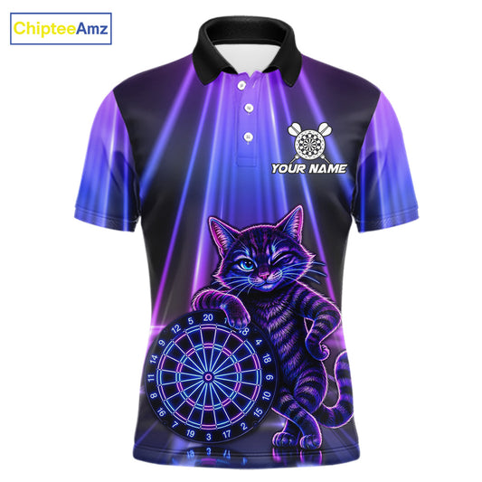 Custom Neon Purple Blue Funny Cat Men's Dart Polo Shirt, Personalized Funny Cat Dart Tournament Jersey, Athletic Team Apparel