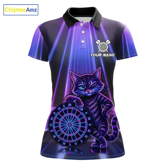 Custom Neon Purple Blue Funny Cat Women's Dart Polo Shirt, Personalized Dart Team Jersey, Cute Cat Dartboard Tournament Apparel, Performance Polo, League Uniform, Neon Sportswear, Precision, Team Spirit, Funny Animal Theme