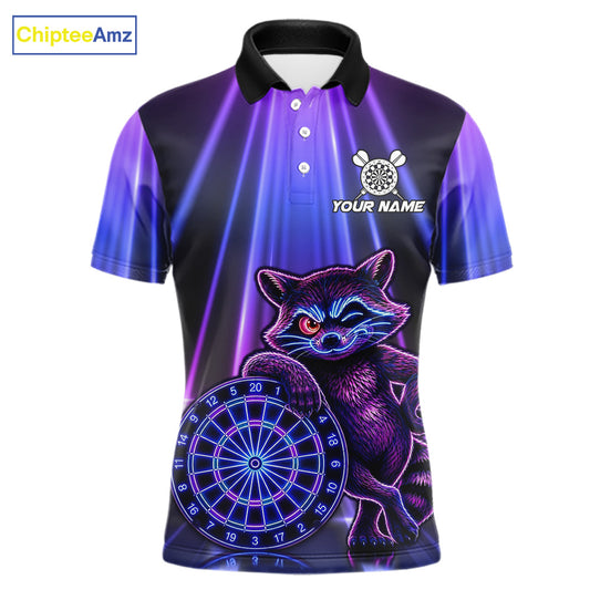Custom Neon Purple Blue Funny Raccoon Men's Dart Polo Shirt, Personalized Dart League Jersey, Athletic Apparel