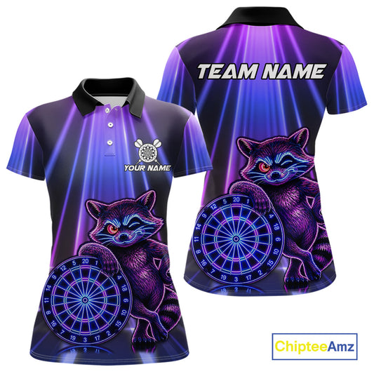 Custom Neon Purple Blue Funny Raccoon Women's Dart Polo Shirt, Personalized Raccoon Dart Team Jersey, Cartoon Tournament Apparel, Performance Polo, Woodland Theme