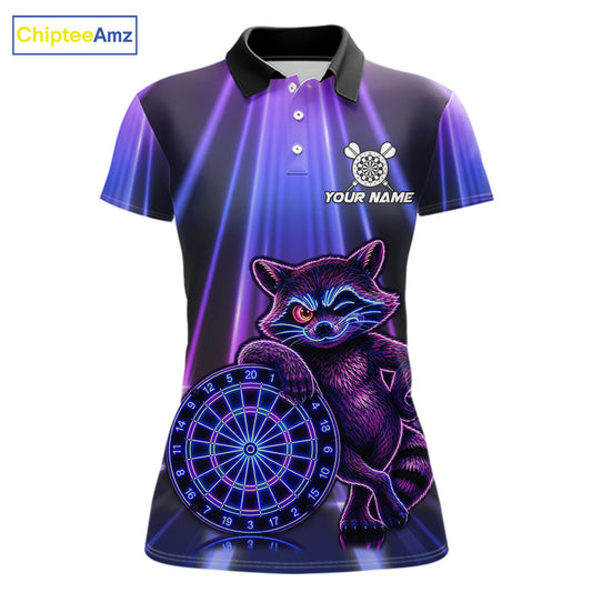 Custom Neon Purple Blue Funny Raccoon Women's Dart Polo Shirt, Personalized Raccoon Dart Team Jersey, Cartoon Tournament Apparel, Performance Polo, Woodland Theme
