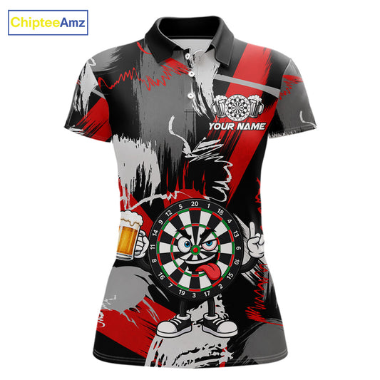 Custom Rock-On Dartboard Women's Dart Polo Shirt, Red Grey Funny Dart Team Jersey, Personalized Tournament Polo, Rock Hand Gesture, Performance Apparel