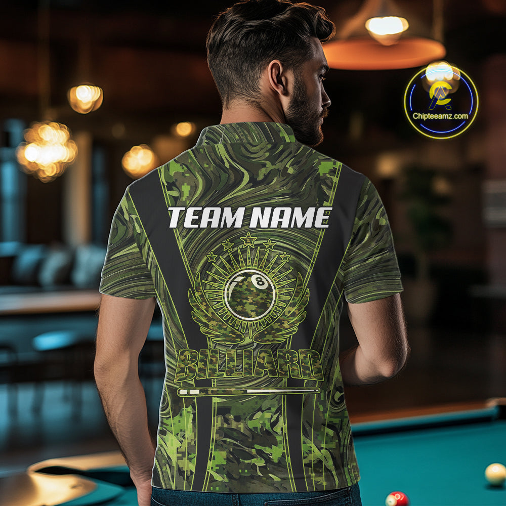 Green Camo 8 Ball Billiard Polo & 1/4 Zip Shirt For Men Custom Pool Team Shirt, Billiard Clothes NYN2941