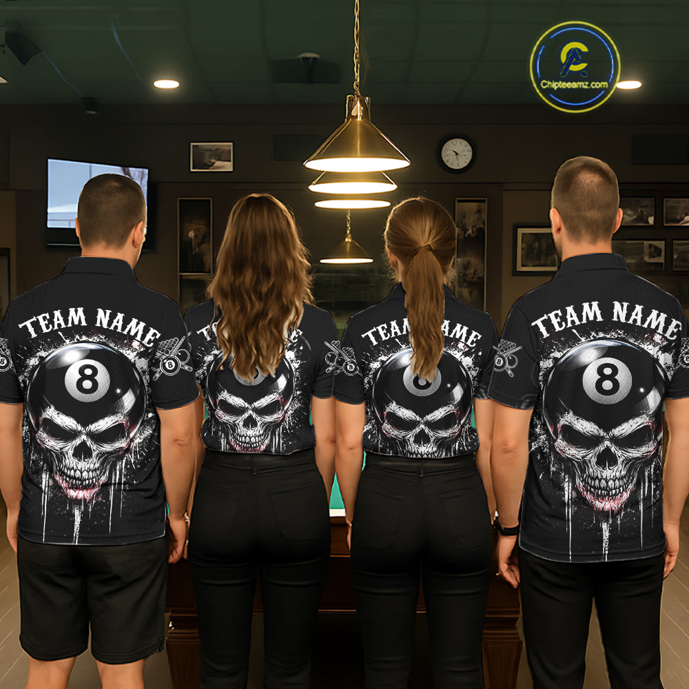 Grey Grunge Skull Billiard Shirts For Women Custom Pool 8 Ball Billiard League Jerseys NYN2291