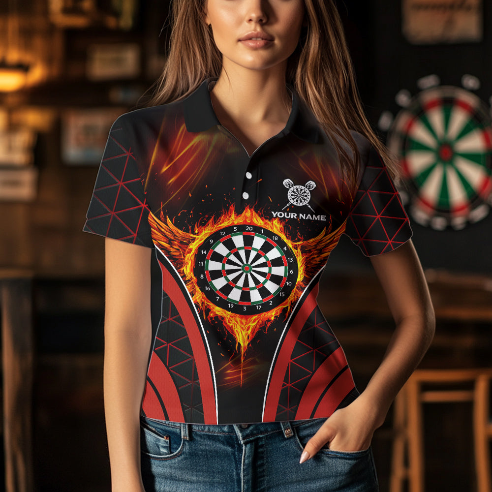 Custom Black-Red Fire Flames Dartboard Dart Shirts For Women Dart Tournament Team Jerseys NYN0038