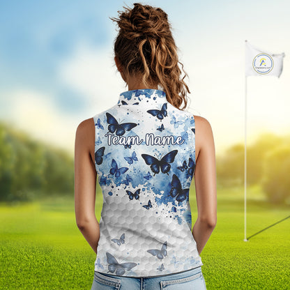 White & Blue Butterflies Womens Golf Sleeveless Polo Shirt Custom Watercolor Golf Shirts Golf Attire NYN3155