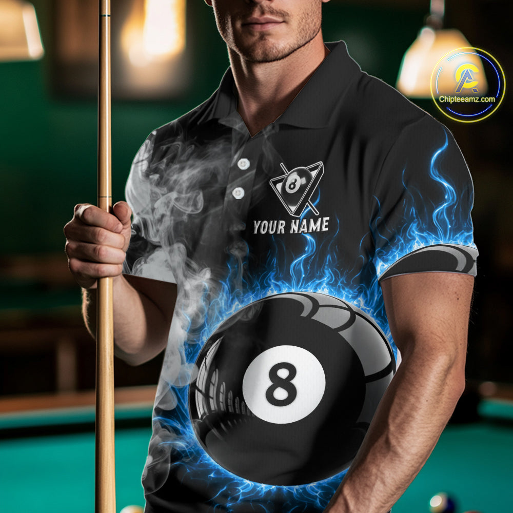 Grey Smokes Billiard Balls Shirts For Men Custom Blue Flames Ball 8 Billiard Team Jerseys NYN2303