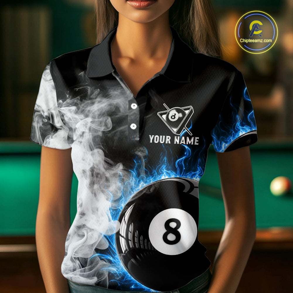 Grey Smokes Billiard Balls Shirts For Women Custom Blue Flames Ball 8 Billiard Team Jerseys NYN2303