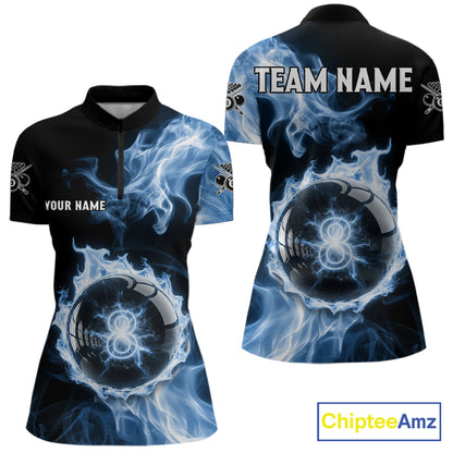 Blue Flaming Pool Billiard Shirts For Women Custom Light Ball 8 Billiard Team Jerseys NYN2300