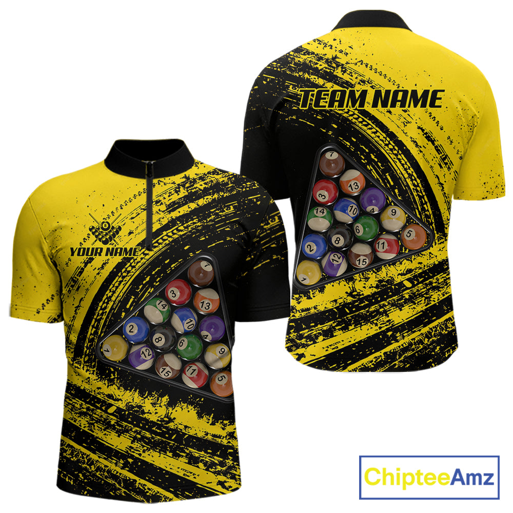 Yellow Grunge Billiard 15 Ball Pool Polo & Quarter-Zip Shirt Custom Billiard Team Attire For Men NYN2747
