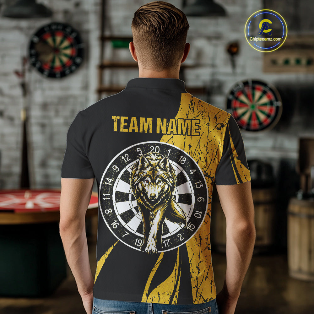 Custom Black And Yellow Wolfs Dartboards Grunge Dart Shirts For Men, Dart Team Jerseys NYN0043