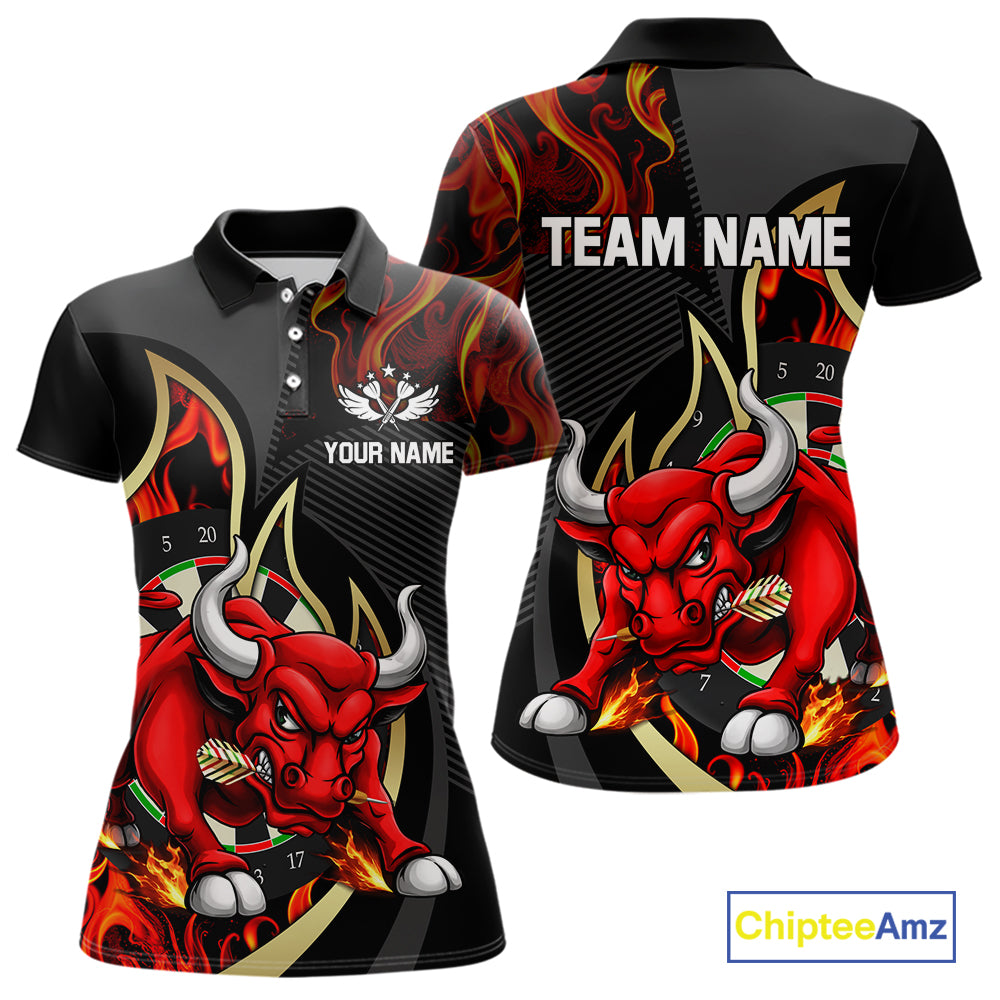 DartsPersonalized Bull Red Flames Darts Polo & 1/4-Zip Shirt For Women Funny Dart Team Dart Jerseys NYN2962
