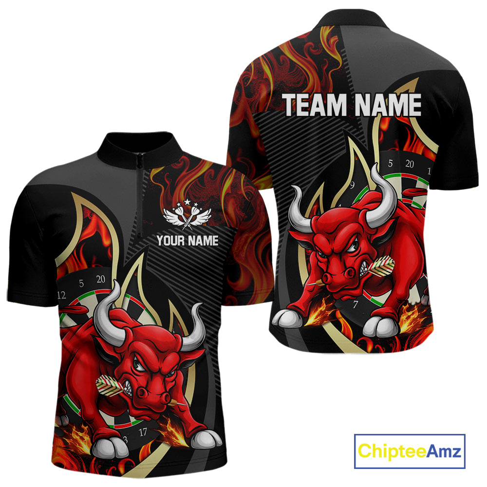 Personalized Bull Red Flames Darts Polo & 1/4-Zip Shirt For Men Funny Dart Team Dart Jerseys NYN2962