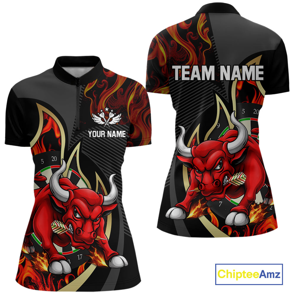 DartsPersonalized Bull Red Flames Darts Polo & 1/4-Zip Shirt For Women Funny Dart Team Dart Jerseys NYN2962
