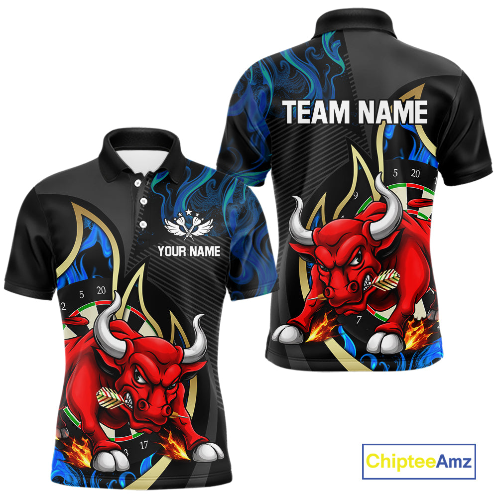 Personalized Bull Blue Flames Darts Polo & 1/4-Zip Shirt For Men Funny Dart Team Dart Jerseys NYN2963