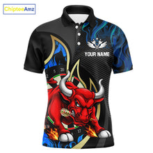 Load image into Gallery viewer, Personalized Bull Blue Flames Darts Polo &amp; 1/4-Zip Shirt For Men Funny Dart Team Dart Jerseys NYN2963