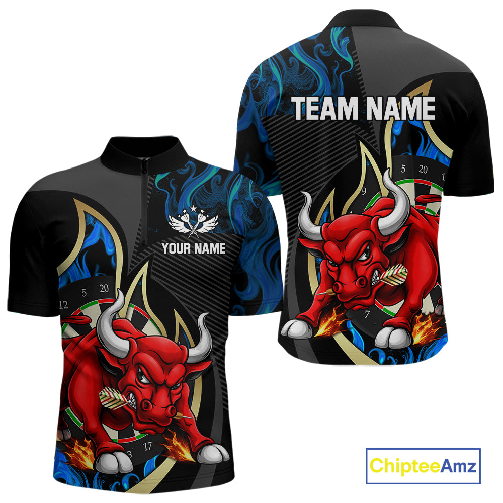 Personalized Bull Blue Flames Darts Polo & 1/4-Zip Shirt For Men Funny Dart Team Dart Jerseys NYN2963