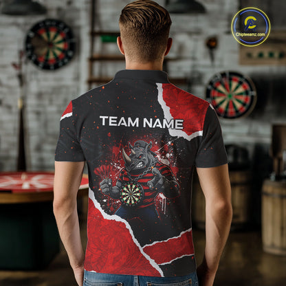 Black & Red Splatter Rhino Men Darts Polo Shirt Custom Funny Team Dart League Jerseys NYN2067