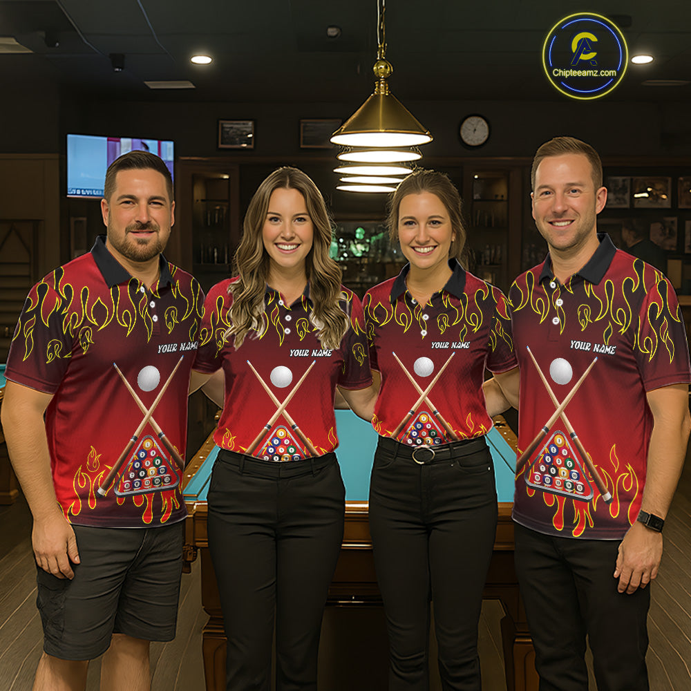 Custom Fire Flame 8 Ball Men's Billiard Shirts Personalized Billiard Attire Gifts | Red NYN2321