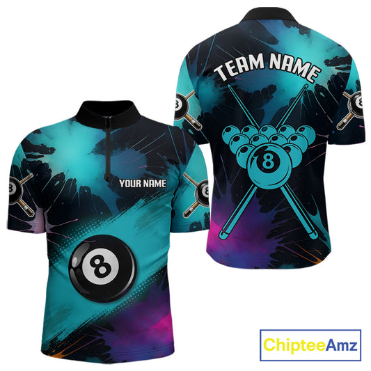 Grunge Splatter Teal Ball 8 Billiard Shirts For Men Personalized Billiard Attire Gifts NYN2327