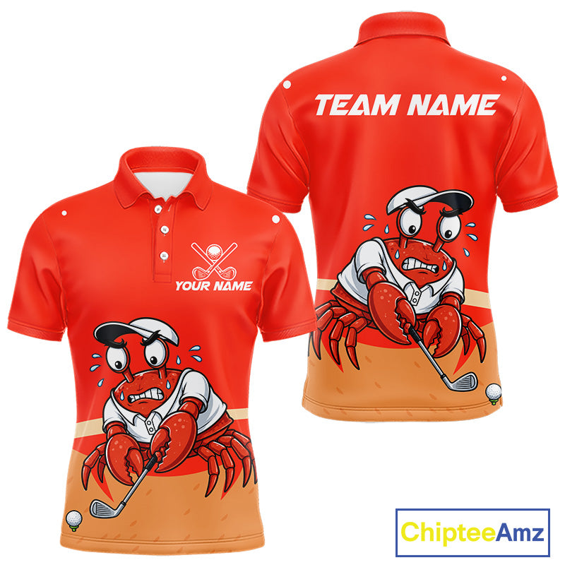 Personalized Red Crab men's golf polo, funny crab golfer shirt, moisture-wicking golf apparel, custom golf team uniform