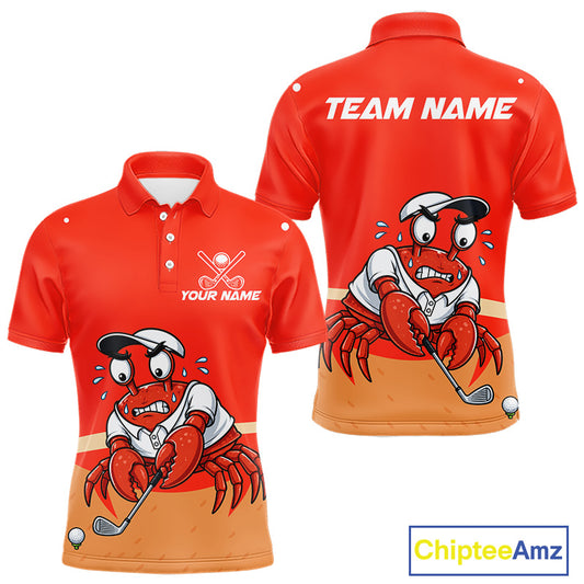 Personalized Red Crab men's golf polo, funny crab golfer shirt, moisture-wicking golf apparel, custom golf team uniform