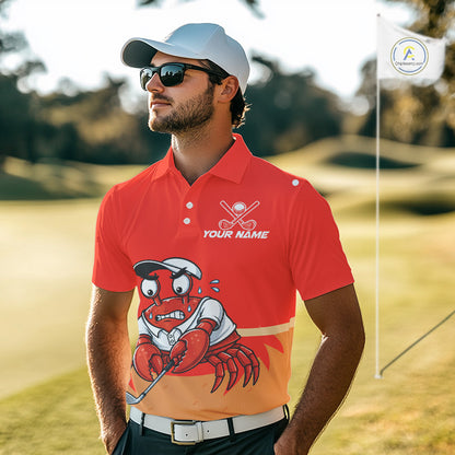 Male golfer wearing Red Crab golf polo, performance golf clothing, golf club uniform, golf tournament apparel