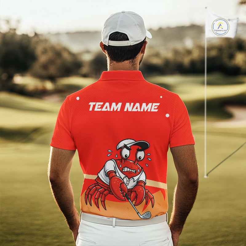 Male golfer wearing Red Crab golf polo, performance golf clothing, golf club uniform, golf tournament apparel