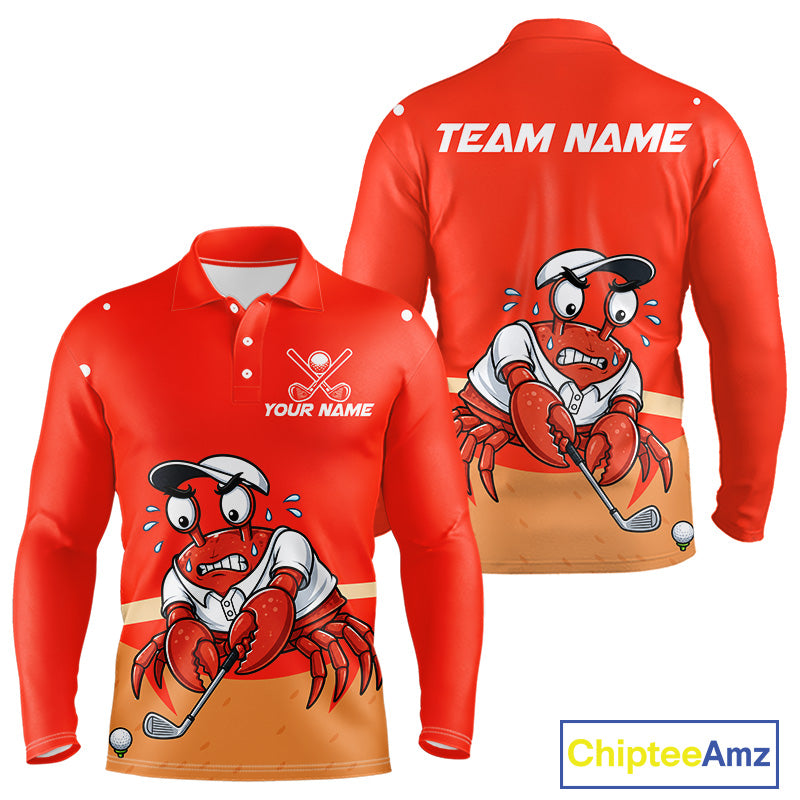 Personalized Red Crab men's golf polo, funny crab golfer shirt, moisture-wicking golf apparel, custom golf team uniform
